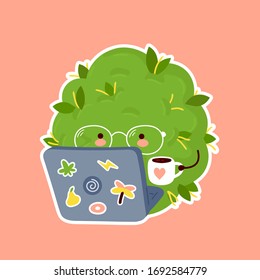 La marihuana de hierba dulce funciona en cuaderno. Diseño de sticker de ilustraciones de dibujos animados