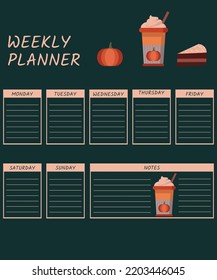 Cute Weekly Calendar Planner Template with Hot Pumpkin spiced latte in a disposable cup garnished with a whipped cream lid and Slice Chocolate Cake