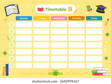 Cute weekly class timetable for kids with colorful design and lucky clover decorations. vector illustration.
