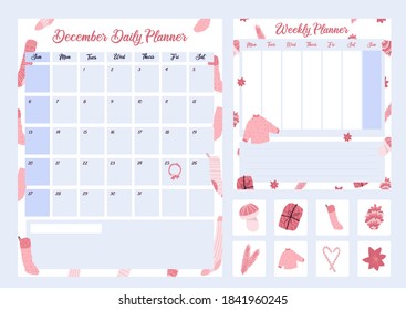 Cute weekly, daily floral and clothing Christmas themed planner in Scandinavian style.