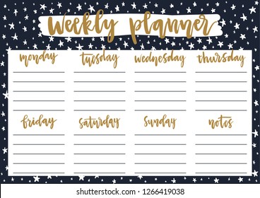 Cute weekly planner for 2019 year on dark background with stars. A4 print ready template for weekly and daily planner with lettering. Organizer and schedule with notes. Self-organization concept.