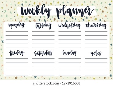 Cute weekly planner for 2019 year on pastel background with stars. A4 print ready template for weekly and daily planner with lettering. Organizer and schedule with notes. Self-organization concept.