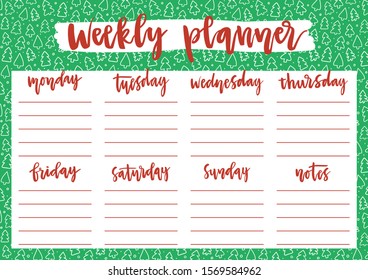 Cute weekly planner for 2020 year on winter background with Christmas trees and snow. A4 print template for weekly and daily planner with lettering. Organizer and schedule with notes.