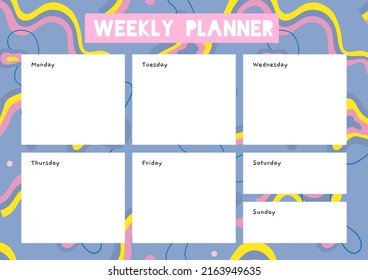 Cute weekly planner with abstract shapes and doodles, cartoon style. Trendy modern vector illustration, hand drawn, flat design. 