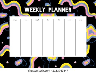 Cute weekly planner with abstract shapes and doodles, cartoon style. Trendy modern vector illustration, hand drawn, flat design. 