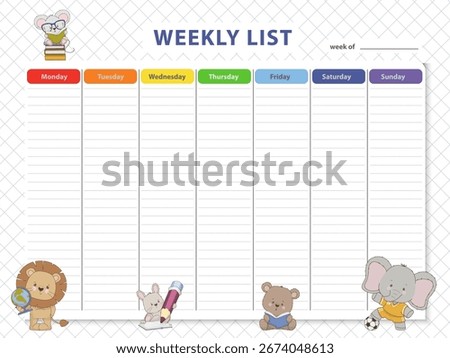 Cute weekly planner with adorable animal characters including a lion, mouse, rabbit, bear, and elephant. Bright and colorful days of the week and ample writing space. Vector illustration.