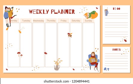 Cute Weekly Planner with autumn hand drawn elements, to do list, notes, printable, vector. Fall leaves, forest animals, girls, woman with book