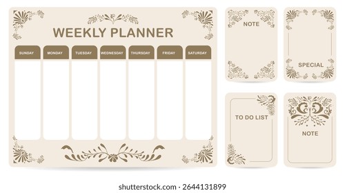 cute weekly planner background with art deco flower.Vector illustration for kid and baby.Editable element