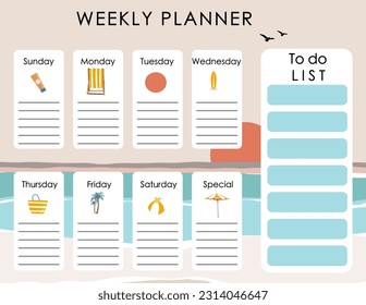 cute weekly planner background with beach,sun,sea,sand.Vector illustration for kid and baby.Editable element