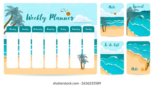 cute weekly planner background with beach.Vector illustration for kid and baby.Editable element