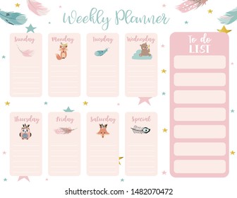 cute weekly planner background with boho,fox,bear,feather.Vector illustration for kid and baby.Editable element