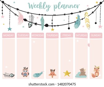 cute weekly planner background with boho,fox,bear,feather.Vector illustration for kid and baby.Editable element