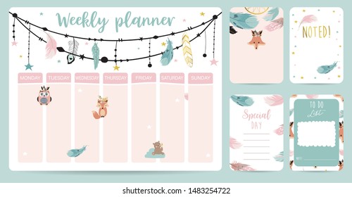 cute weekly planner background with boho,fox,bear,feather.Vector illustration for kid and baby.Editable element