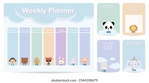 cute weekly planner background with cloud,animal.Vector illustration for kid and baby.Editable element