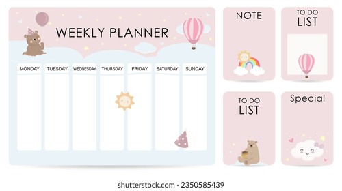 cute weekly planner background with cloud,balloon,sky.Vector illustration for kid and baby.Editable element