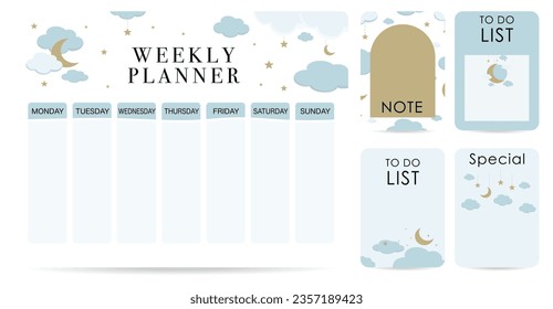 cute weekly planner background with cloud,moon,sky.Vector illustration for kid and baby.Editable element