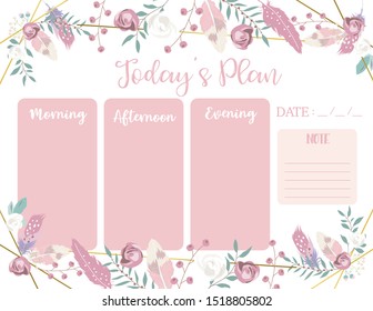 cute weekly planner background with feather,rose,geometric,flower.Vector illustration for kid and baby.Editable element