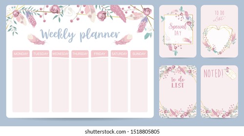 cute weekly planner background with feather,rose,geometric,flower.Vector illustration for kid and baby.Editable element