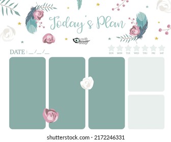 cute weekly planner background with flower,feather.Vector illustration for kid and baby