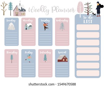 cute weekly planner background with house,snow,people,tree.Vector illustration for kid and baby.Editable element