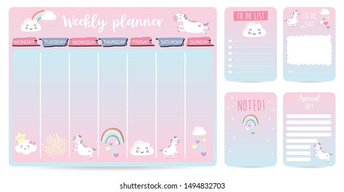 Cute Weekly Planner Background For Kid With Unicorn,rainbow,cloud