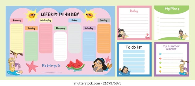 Cute weekly planner background for kids with cute mermaids. Vector template for agenda, planners