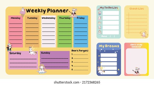 Cute weekly planner background for kids with cute unicorns. Vector template for agenda, planners, notes, timetable