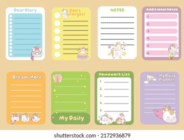 Cute weekly planner background for kids with cute unicorns. Vector template for agenda, planners, notes, timetable