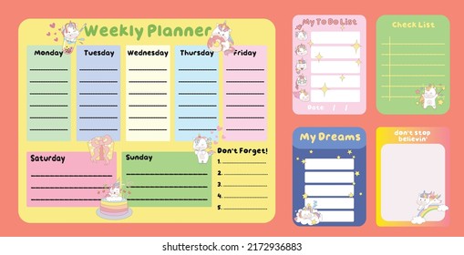 Cute weekly planner background for kids with cute unicorns. Vector template for agenda, planners, notes, timetable