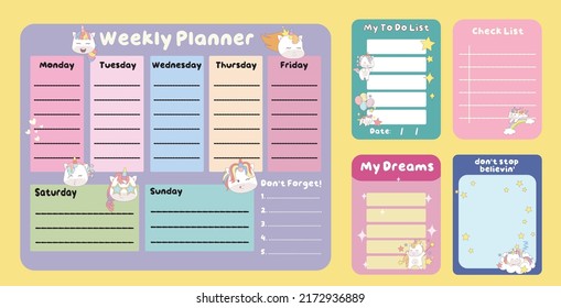 Rund wöchentlicher Planerhintergrund für Kinder mit süßen Einhörnern. Vektorgrafik-Vorlage für Agenda, Planer, Notizen, Zeitplan