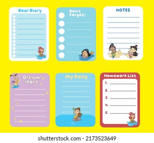 Un bonito fondo de planificación semanal para los niños con sirenas adorables. Plantilla de vectores para la agenda, planificadores.