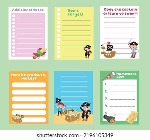 Cute weekly planner background for kids with cute pirates. Vector template for agenda, to do list, checklist and planners.