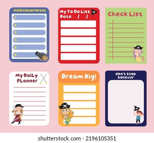 Cute weekly planner background for kids with cute pirates. Vector template for agenda, to do list, checklist and planners.