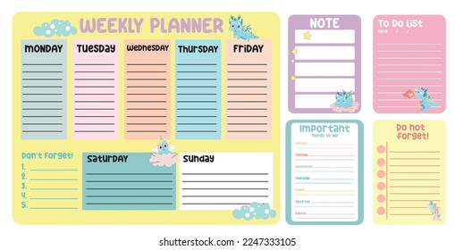 Cute weekly planner background for kids with mythology animals. Beautiful note template. Cute dragons and unicorns design for children. Vector template for agenda, planners, notes, timetable