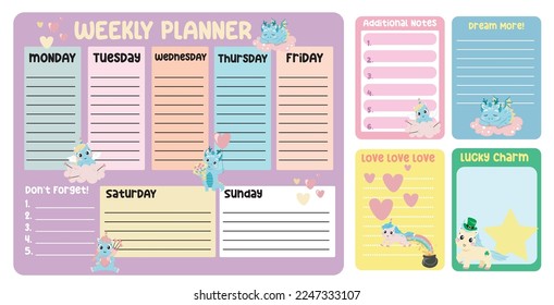 Cute weekly planner background for kids with mythology animals. Beautiful note template. Cute dragons and unicorns design for children. Vector template for agenda, planners, notes, timetable