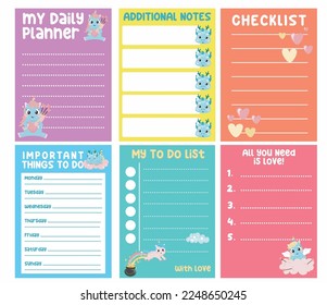 Cute weekly planner background for kids with mythology animals. Beautiful note template. Cute dragons and unicorns design for children. Vector template for agenda, planners, notes, timetable