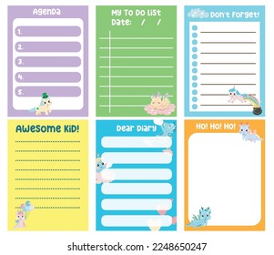 Cute weekly planner background for kids with mythology animals. Beautiful note template. Cute dragons and unicorns design for children. Vector template for agenda, planners, notes, timetable