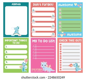 Cute weekly planner background for kids with mythology animals. Beautiful note template. Cute dragons and unicorns design for children. Vector template for agenda, planners, notes, timetable