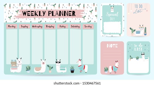 cute weekly planner background with llama,cactus.Vector illustration for kid and baby.Editable element