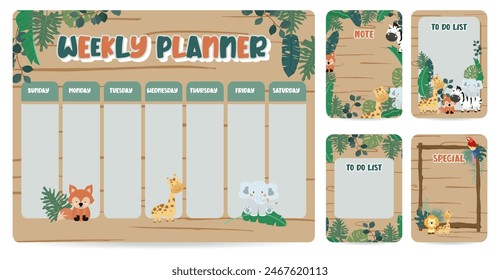 cute weekly planner background with safari.Vector illustration for kid and baby.Editable element