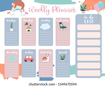 cute weekly planner background with sloth,rainbow,llama,cloud.Vector illustration for kid and baby.Editable element