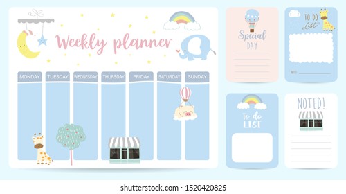 cute weekly planner background with sun,rainbow,rain,cloud.Vector illustration for kid and baby.Editable element