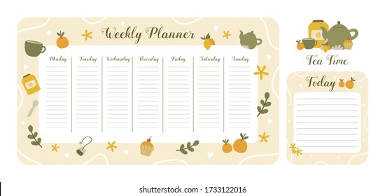 Cute weekly planner background with teapots, cups, cupcakes.