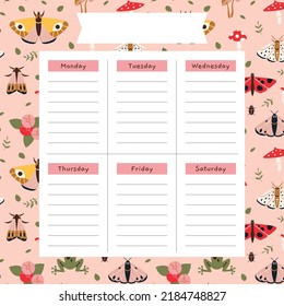 Cute weekly planner background template with a summer vibe, moth, mushrooms, plants, cartoon style. Cottagecore, goblincore aesthetics. Trendy modern vector illustration, hand drawn, flat design.