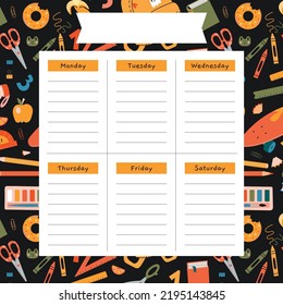 Cute weekly planner background template with school stationery and art supplies, cartoon style. Back to school. Trendy modern vector illustration, hand drawn, flat design.
