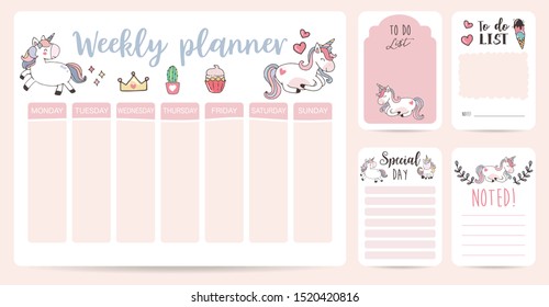 Cute Weekly Planner Background With Unicorn, Rainbow, Ice Cream, Cloud. Vector Illustration For Kid And Baby.Editable Element