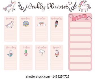 cute weekly planner background with unicorn,rainbow,ice cream,cloud.Vector illustration for kid and baby.Editable element