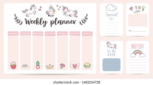 cute weekly planner background with unicorn,rainbow,ice cream,cloud.Vector illustration for kid and baby.Editable element