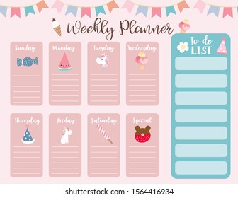 cute weekly planner background with unicorn,rainbow,ice cream,cloud.Vector illustration for kid and baby.Editable element