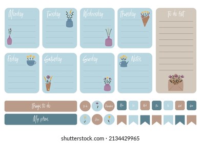 Cute weekly planner, to do list and notes template. Note paper and stickers set with flowers in pastel colors. Template for agenda, schedule, planners, checklists, notepads, postcards and stationery